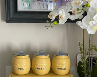 Yellow Kilner Tea Coffee Sugar Canister Set: Hand-Painted Kitchen Storage