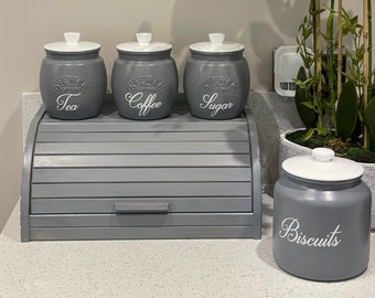 Grey Kitchen Canister Set: Tea, Coffee, Sugar, Biscuit Jar Bread