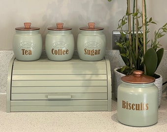 Sage Green Tea Coffee Sugar Canisters set with optional  Biscuit/Cookie Jar Bread Bin Box - up to 5 piece Kitchen Storage Container sets