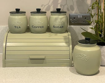 Sage Green Tea Coffee Sugar Canisters  Biscuit Treats Glass jar's and Bread Bin Kitchen Storage Container