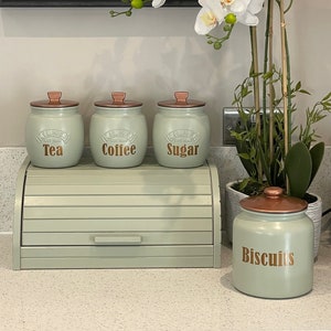 Sage Green Tea Coffee Sugar Canisters set with optional  Biscuit/Cookie Jar Bread Bin Box - up to 5 piece Kitchen Storage Container sets