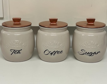 Tea Coffee Sugar Canister Set, Creamy Taupe Kitchen Jars, Personalized Storage Sets Kitchen, New Home Gift, Home Kitchen Decor