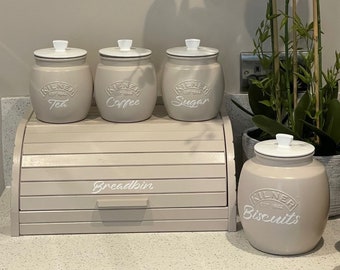 Creamy Taupe Kitchen Canister Set: Tea, Coffee, Sugar Jars & Bread Bin Various Options Available Storage Containers