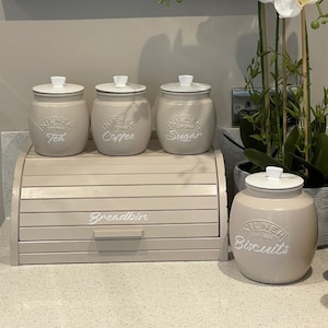 Creamy Taupe Tea Coffee Sugar Canisters sets Biscuit and Wooden Bread Bin Box Kitchen Storage Containers jars Kitchen pantry Jars