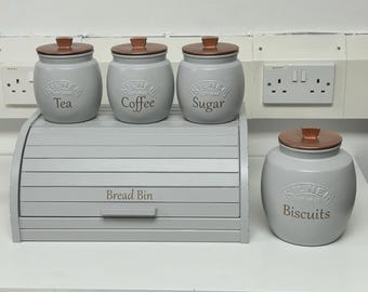 Kitchen Organiser Tea Coffee Sugar Canisters, Light Grey Bread Bin Storage Containers, New Home Gift, Unique Home Décor, Gifts for Her