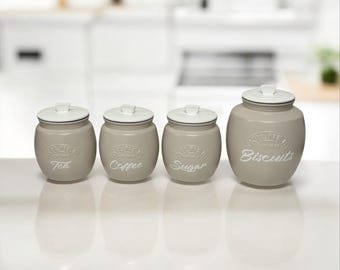 Beige Tea Coffee Sugar Canister and Biscuit Set - Kitchen Storage Sets Pantry Kitchen Containers