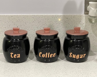 Tea Coffee Sugar Canister Set Personalised, Black Gloss Retro kitchen canisters, kitchen organiser, new home gifts, unique gifts