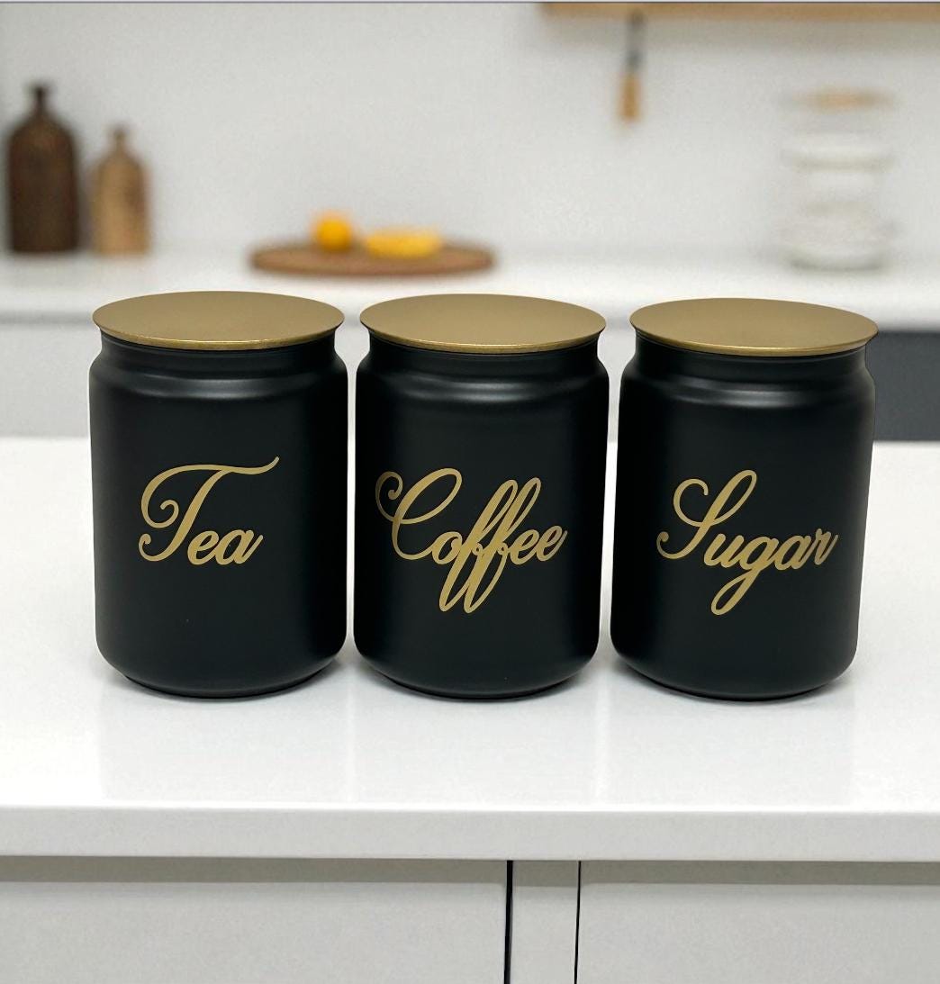 Black Kitchen Canister Set With Gold Lids: Tea, Coffee, Sugar - Etsy