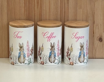 Tea Coffee Sugar Rabbit Kitchen Canisters 1 Litre Glass Jars With Wooden Lids, Personalised Gifts, Countertop Jars, Decor
