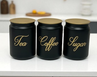 Coffee Tea Sugar Canisters Black Set With Gold Lids, Glass Storage Jars, Kitchen Decor, Kitchen Accessories, New Home Gift