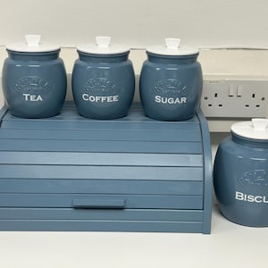 Blue Tea coffee sugar Canister Set with Optional Cookie Jars and Bread Box - Organise kitchen pantry storage