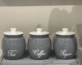 Grey Kitchen Canister Set: Tea, Coffee, Sugar, Biscuit Jar & Bread Bin