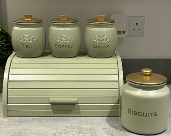 Sage Green Kitchen Canister Set: Tea, Coffee, Sugar, Biscuit Jar Bread Bin