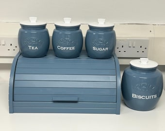 Tea Coffee Sugar Kitchen Canisters Set, Blue Bread Bin Storage Jars, Unique Gifts, New Home Gifts, House Warming Gifts, Kitchen Decor