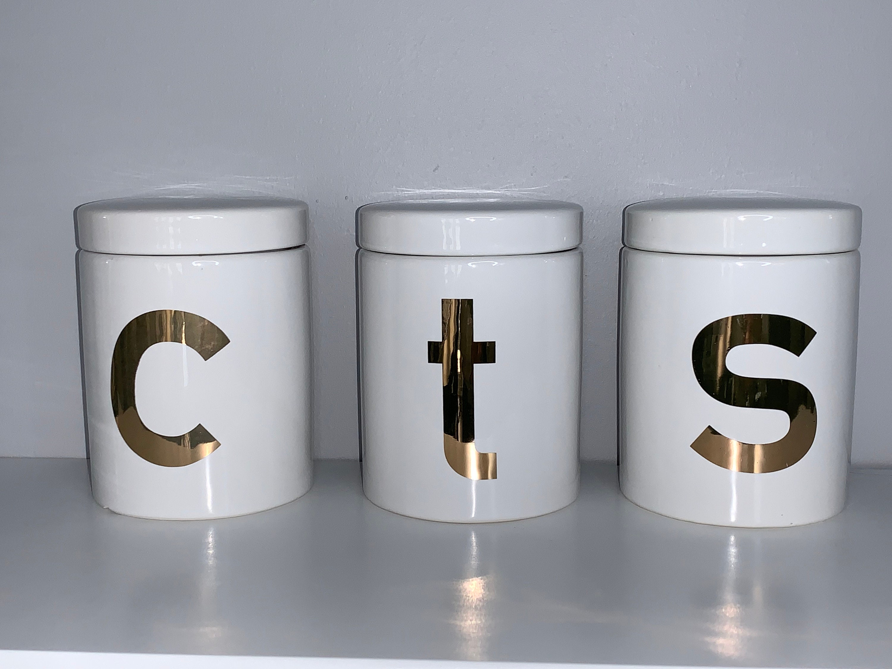 Set Of White Canisters T C S Storage Canisters Reflective Gold Etsy