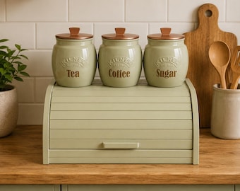 Sage Green Kilner Canister Set, Hand Painted Tea Coffee Sugar Storage, Kitchen Decor Bread bin
