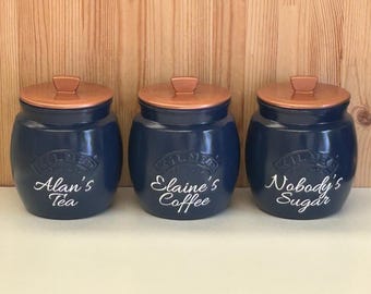 Personalised Navy Blue Tea Coffee Sugar Canisters 0.85L Kitchen Storage Set Custom Name Canisters  Jars Housewarming Gift  Decor