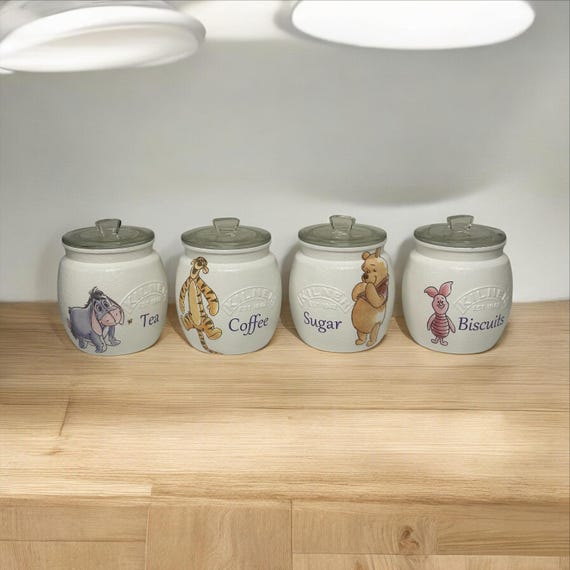 Winnie Pooh Tea Coffee Sugar Storage Canisters, Hand Painted Glass Jars, Personalised Items, Unique Gifts, New Home Gift Kitchen Organiser
