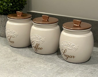 Creamy Taupe Kitchen Canister Set: Tea, Coffee, Sugar Kitchen Jars