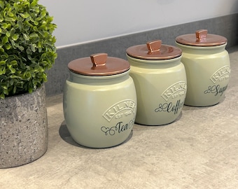 Personalised Tea Coffee Sugar Canister Set | Sage Green Kitchen Storage Jars | Custom Kitchen Canisters | Housewarming Gift