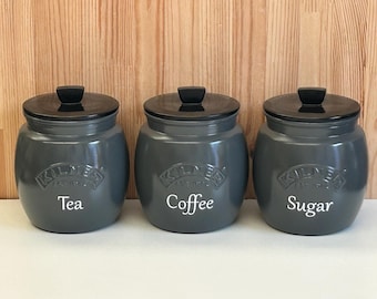Dark Grey Tea Coffee Sugar Canister Set Choice of lIds Wording Kitchen storage