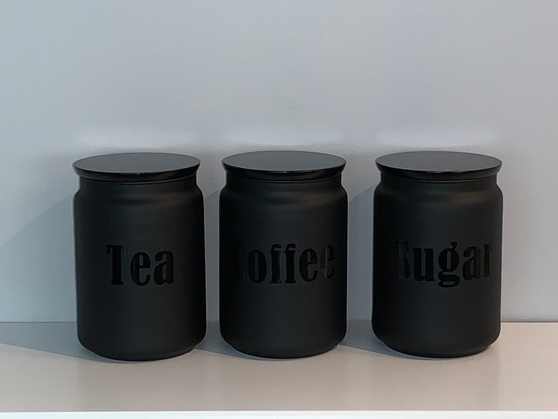 Black Tea Coffee Sugar Kitchen Storage Canister Sets shown with Black Lids And Wording Of Your Choice 