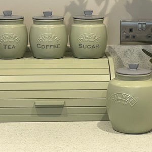 Sage Green Tea Coffee Sugar Canisters  Biscuit / Cookie Jar  and Bread Bin Kitchen Storage Container Table Accessories