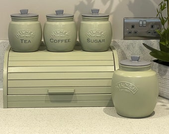 Sage Green Tea Coffee Sugar Canisters  Biscuit / Cookie Jar  and Bread Bin Kitchen Storage Container