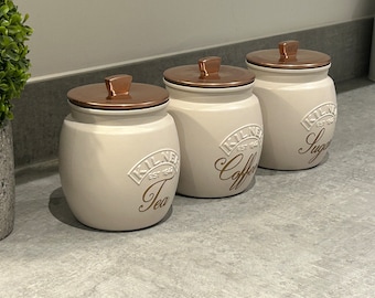 Creamy Taupe Kitchen Canister Set: Tea, Coffee, Sugar Kitchen Jars Personalised Custom Wording and Font style