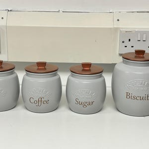 Light Grey Tea Coffee Sugar Canister and Biscuit Set - Kitchen Storage Sets Pantry Kitchen Containers