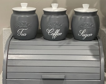 Grey Kitchen Canister Set: Tea, Coffee, Sugar, Biscuit Jar & Bread Bin