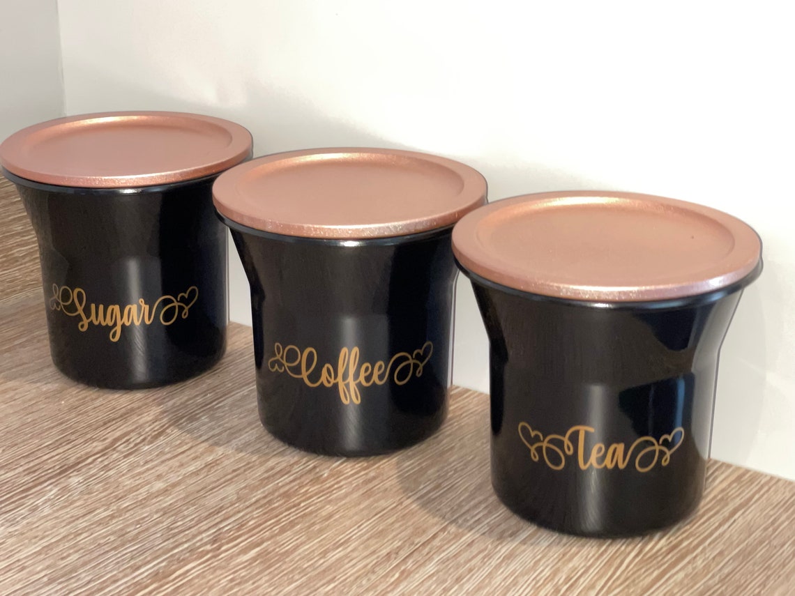 Set Of 3 Tea Coffee Sugar Black Storage Canisters Rose Gold Etsy