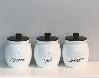 Witte thee koffie suikerbussenset keukenopslag Keuze uit deksel en tekst Kleur Unieke keukenvoedselopslag