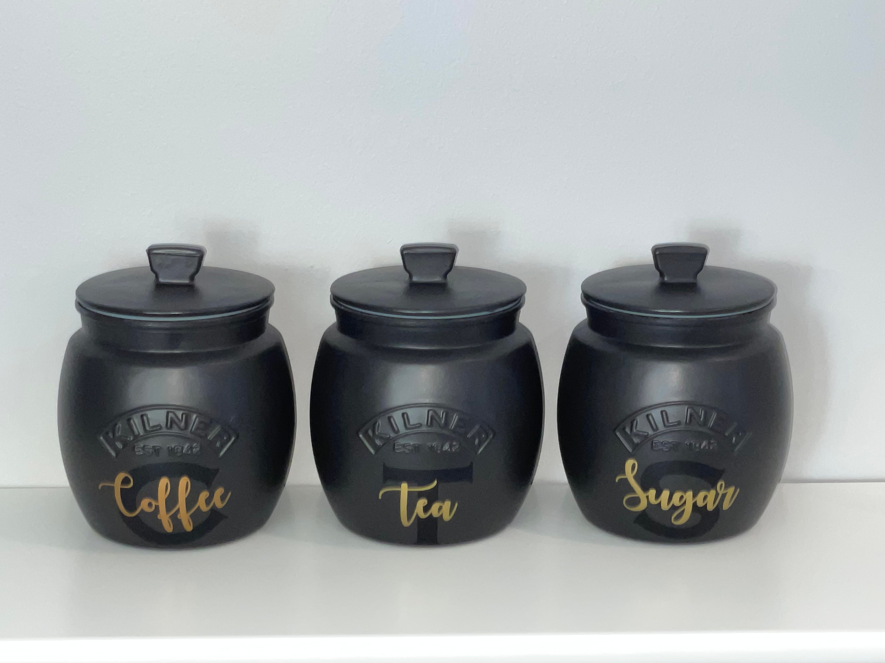 Black set of tea coffee sugar storage kitchen canisters Etsy