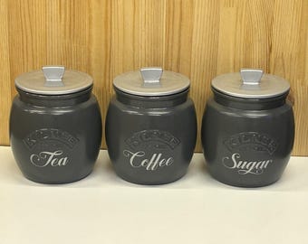 Kitchen Canister Set Personalised Dark Grey Tea Coffee Sugar Jar Trio, Modern Kitchen Storage Sets, Custom Container House Warming Gifts