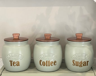 Sage Green Tea Coffee Sugar Canisters  Biscuit,Utensil, jars  Bread Bin Box, Kitchen Storage Container