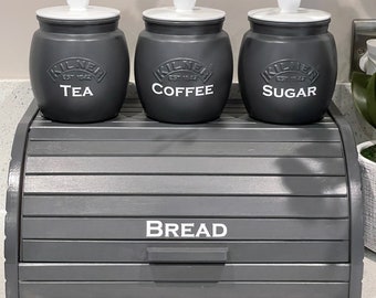 Juego de recipientes para té, café y azúcar en gris oscuro: almacenamiento de cocina con panera opcional