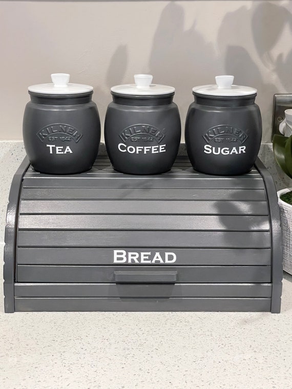 Black Tea Coffee Sugar Canister Sets Kitchen Storage Choice of Lid Colour  and Wording 