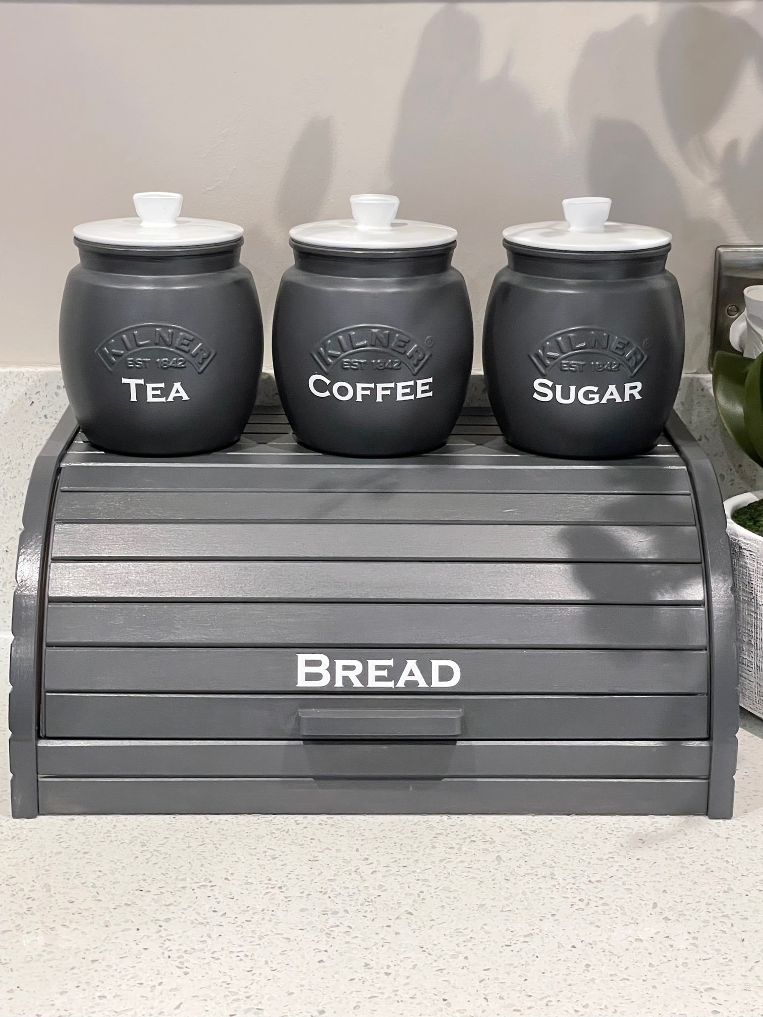 Bread Bin Black And Grey Tea Coffee Sugar Canisters Bread Bin