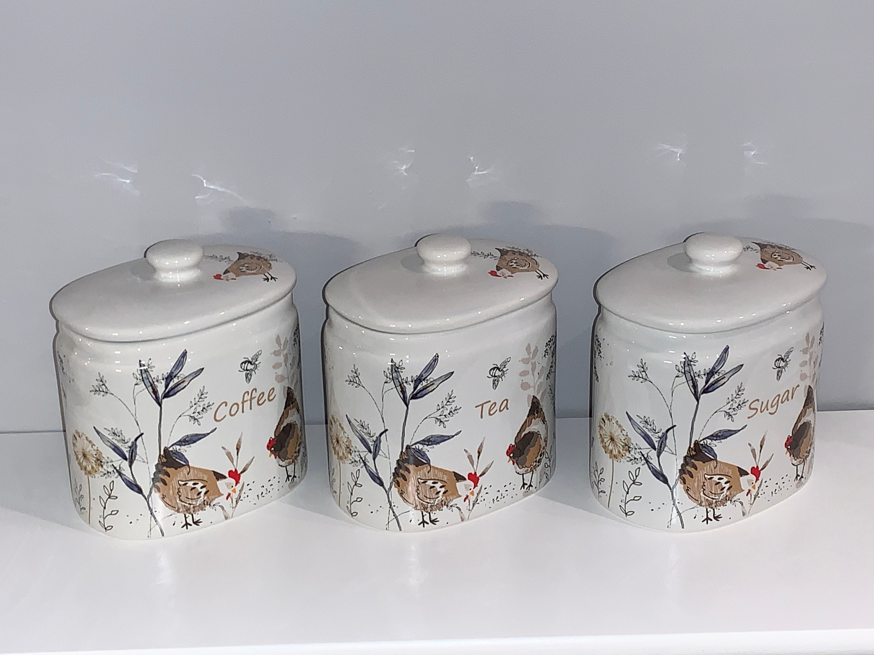 Set Of 3 Tea Coffee Sugar Ceramic Kitchen Storage Canisters Etsy