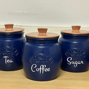 Conjunto de Potes para Café, Chá e Açúcar na Cor Azul Marinho, Organizador de Cozinha Personalizado, Potes Modernos para Despensa, Presentes para Casa Nova, Presentes Exclusivos para Ela e para a Mãe