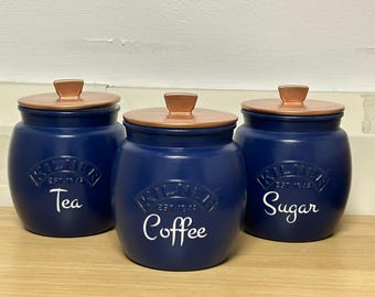 Coffee Tea Sugar Navy Canister Set, Personalised Gift Kitchen Organiser, Modern Pantry Jars, House Warming Gifts, Unique Gifts For Her Mum