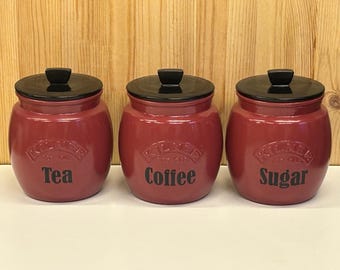 Tea Coffee Sugar Set Of 3 Personalised Red Canisters- Kitchen Storage Container set
