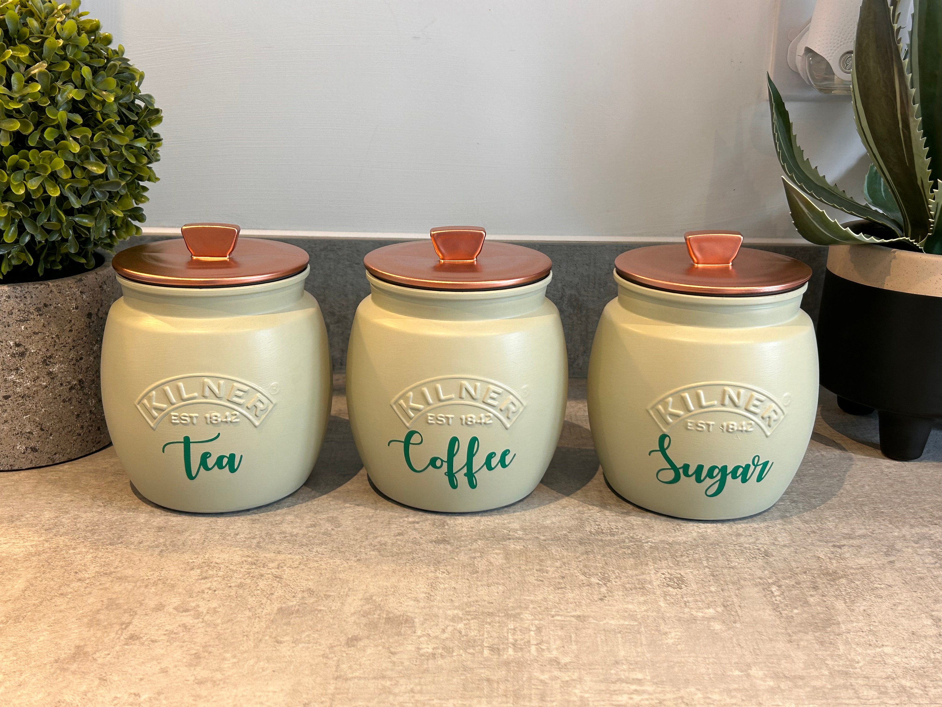 Set of Vintage TG Green Beige and Brown Granville Kitchen Storage Jars /  Flour, Tea, Coffee Sugar Canisters With Cork Lids 