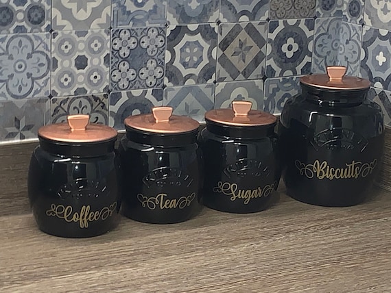 black ceramic tea coffee sugar canisters