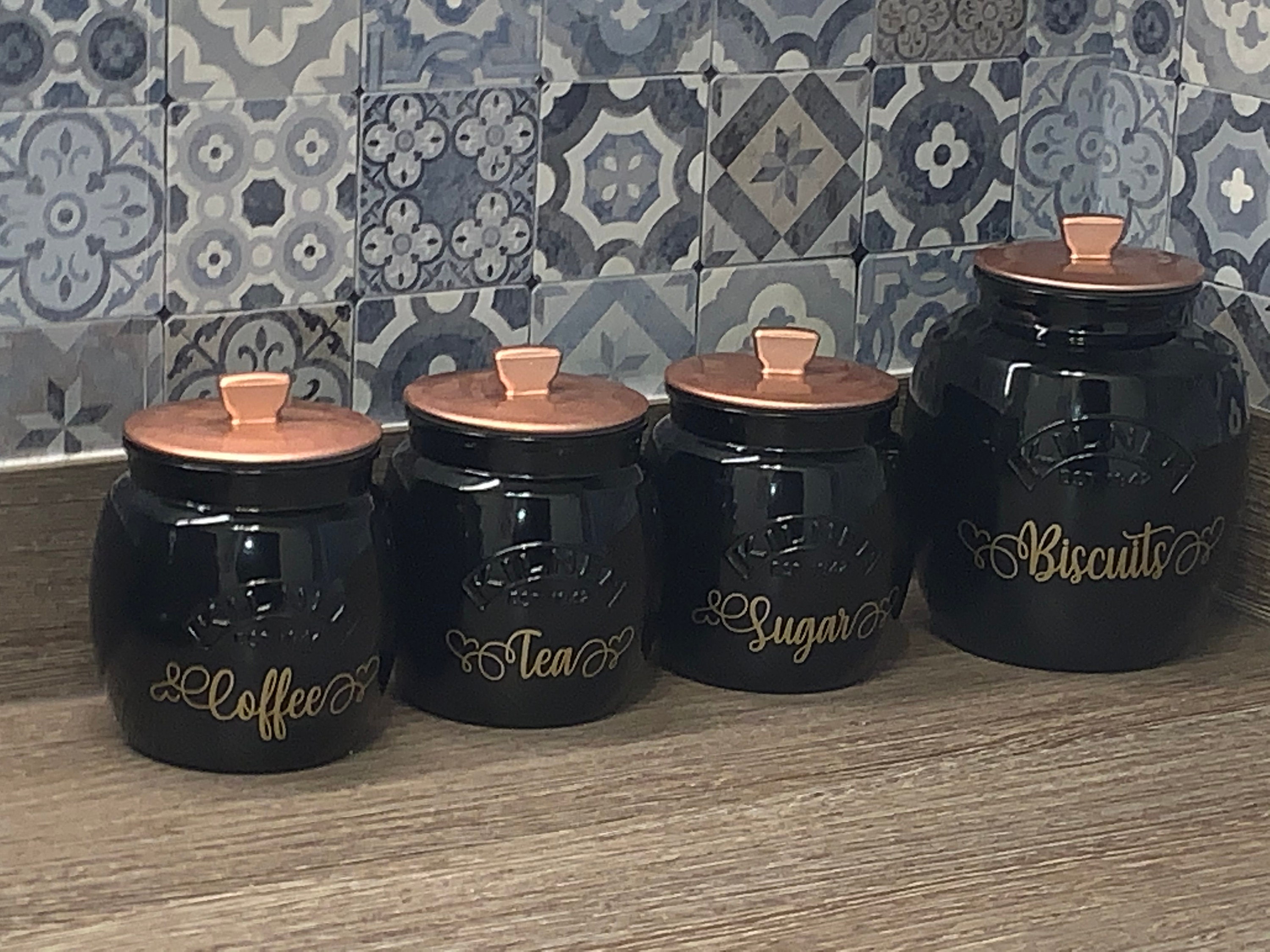 White and Copper Kitchen X 3 Tea Rose Gold 1 Ltr Coffee And Sugar Canisters