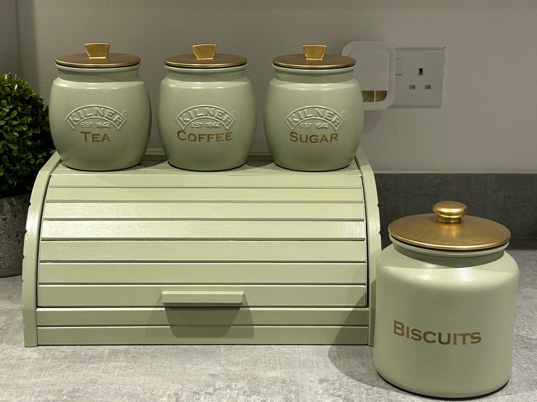 Sage Green Tea Coffee Sugar Canisters Set With Optional Biscuit ...