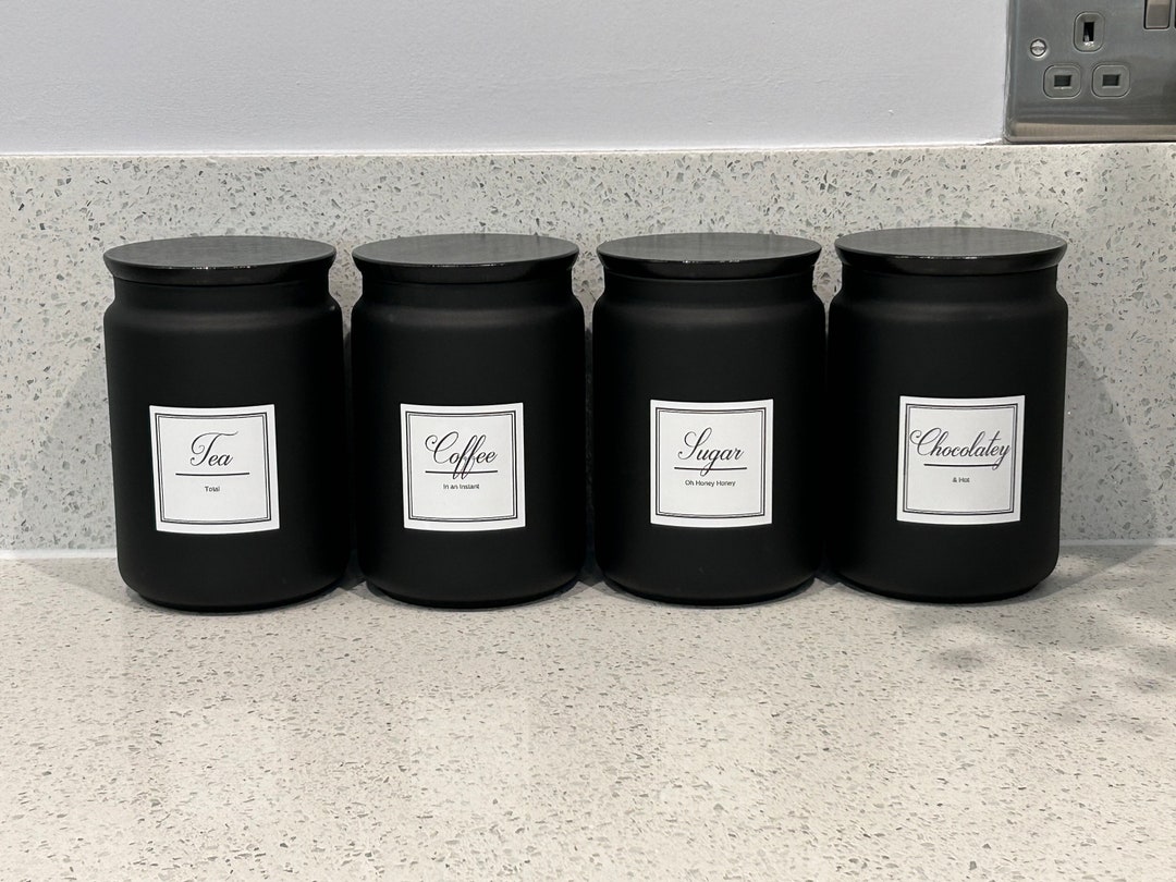 Black Tea Coffee Sugar Labeled Canisters Set Kitchen Storage Etsy UK