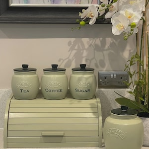 Sage Green Kitchen Canister Set: Tea, Coffee, Sugar, Biscuit Jar & Bread Bin