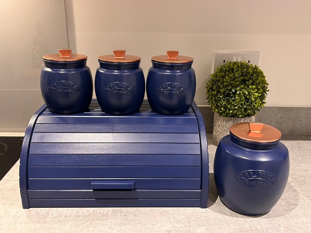 Navy Blue Tea Coffee Sugar Canisters Set With Optional Biscuit/cookie